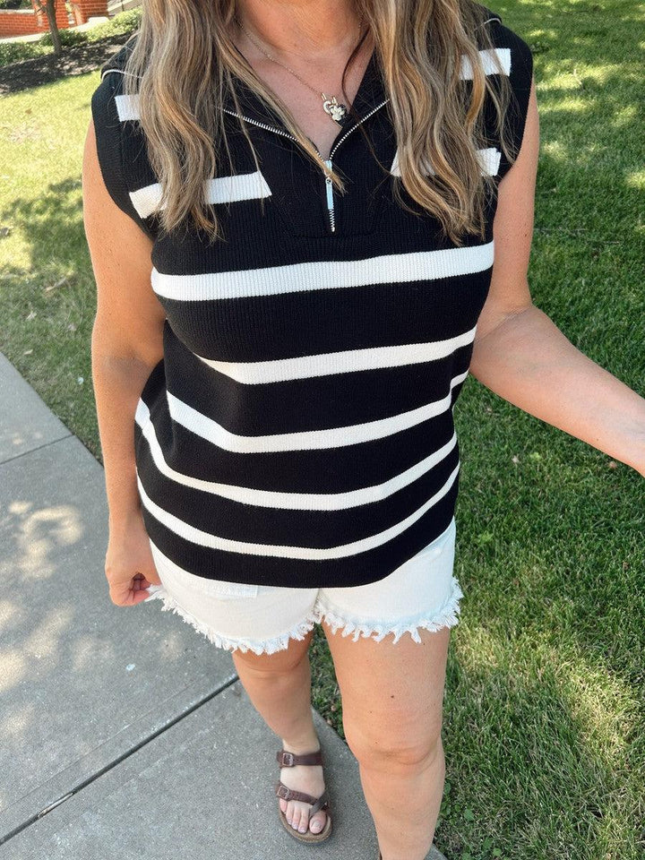 Get Striped Half Zip Sleeveles Top-Tops Short Sleeve-[option4]-[option5]-[option6]-Shop-Womens-Boutique-Store