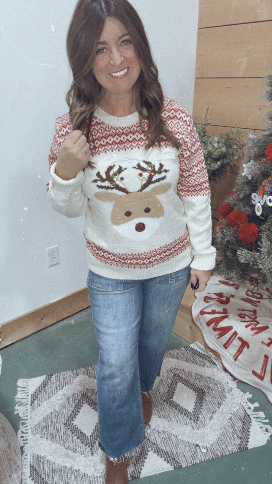 Red Nosed Reindeer Sweater-Tops Long Sleeve-[option4]-[option5]-[option6]-Shop-Womens-Boutique-Store