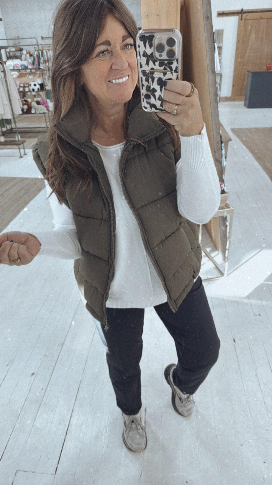 The Standard Puffer Vest in Olive-Outerwear-[option4]-[option5]-[option6]-Shop-Womens-Boutique-Store